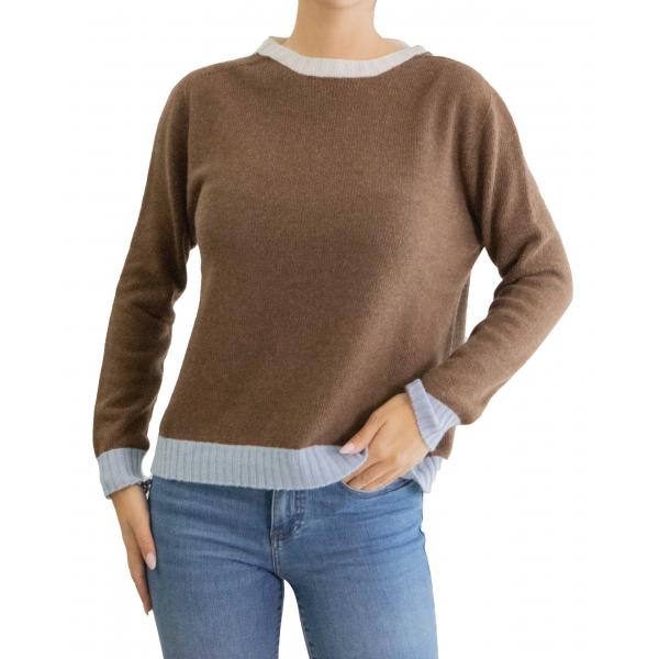 Maglia girocollo tinta unita con bordi colorati